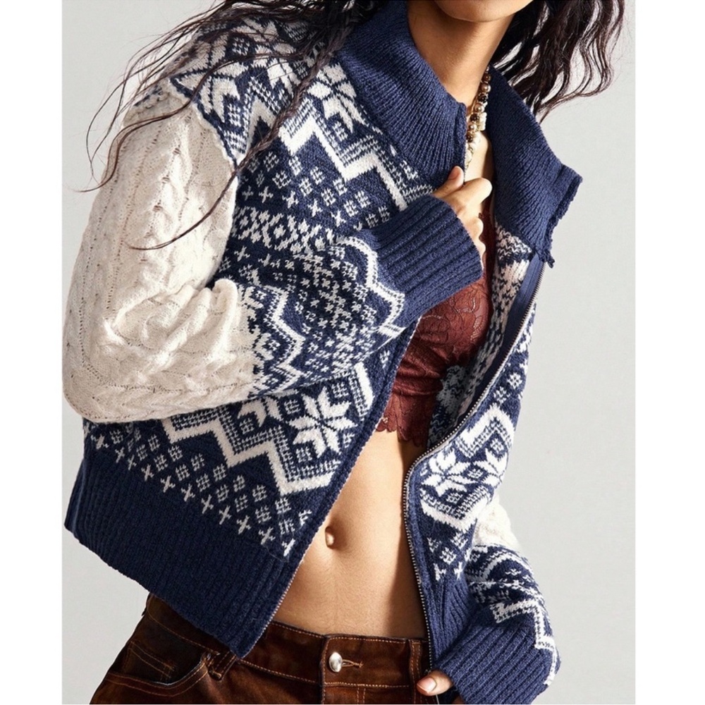Cozy Fair Isle Print High Neck Zip Up Chunky Cable Knit Cardigan S M L